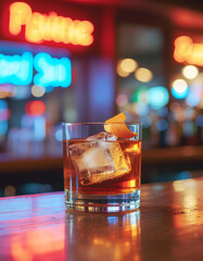 Glass of whiskey on a bar with ice closeup drink beverage alcohol cocktail scotch rum party refreshment liquid