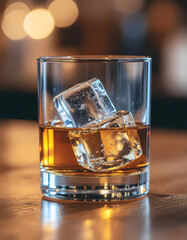Glass of whiskey with ice cubes on a table