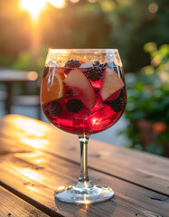 Red wine glasses on a table with bottle and candle