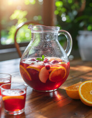 Fresh jug and glass of tea with fruits and honey