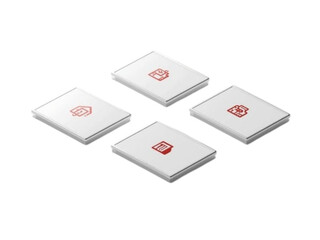 Four white square packages with red circular labels on a black background