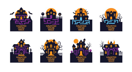 A collection of stylized, vector illustrations of haunted houses and mazes, perfect for Halloween designs, posters, and spooky event promotions against a dark background.