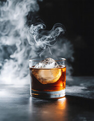 Glass of whiskey with ice on white background