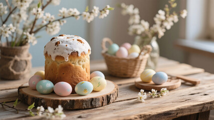Cozy spring holiday composition showing baked kulich beside painted eggs and vanilla sugar, sunlit wood table creating an authentic, editorial mood.