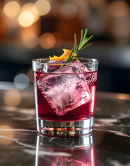 Red cocktail with ice and lime on white background