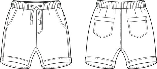Technical flat sketch of casual shorts, front and back view, elastic waistband, patch pockets, cuffed hem, fashion design illustration