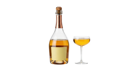 Isolated amber champagne in a glass and bottle with no label for product marketing mockups
