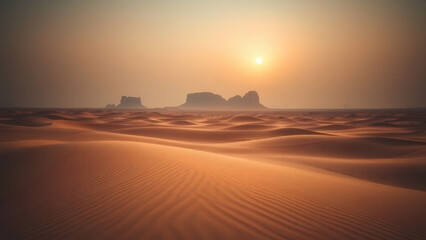 Vast desert landscape at sunset with golden sands and distant rock formations highlighted by a warm glow