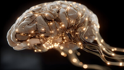 A dark background on human brain convert to artificial intelligence technology.