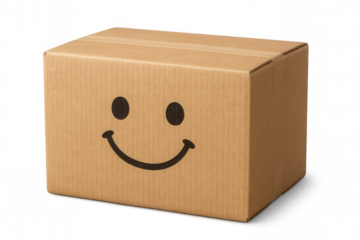 Cardboard box with a friendly smiley face, conveying happiness and positive delivery service on transparent background