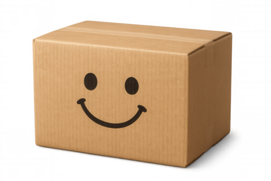 Cardboard box with a friendly smiley face, conveying happiness and positive delivery service on transparent background