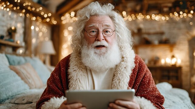 Elderly man wearing glasses holding tablet and looking surprised indoors   - Powered by Adobe