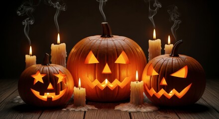 Spooky Halloween Pumpkins with Candles and Smoke.