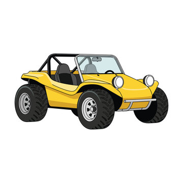 Yellow dune buggy vehicle with off-road tires and roll cage, vector illustration