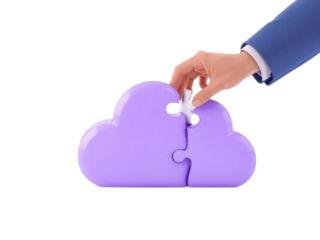 Hand placing last piece of cloud puzzle representing data security and cloud computing