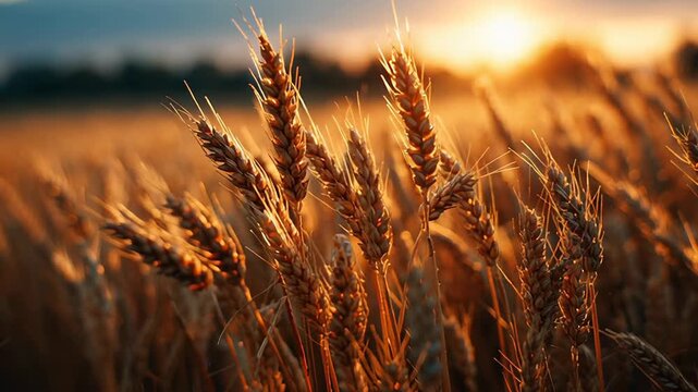 Rustic golden wheat field background with sun rays and close-up of ripe ears of grain during the autumn harvest season.