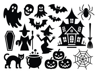Collection of spooky halloween silhouettes vector illustration for festive design projects scalable eps silhouette vector illustration white background