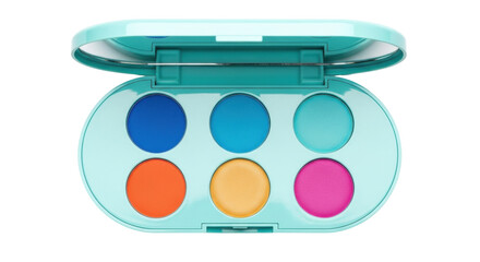 Isolated open makeup palette with six round pans containing brightly colored products