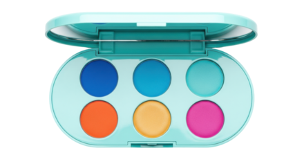 Isolated open makeup palette with six round pans containing brightly colored products