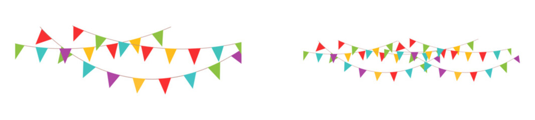 Bright and colorful bunting flag decoration set featuring triangular pennants on string. Perfect for celebration, party, carnival, festival, and holiday decoration designs.