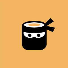 Creative vector illustration of a sushi roll designed as a ninja character, combining Japanese food and martial arts concept in a fun, modern, and minimalist cartoon style for logo or branding