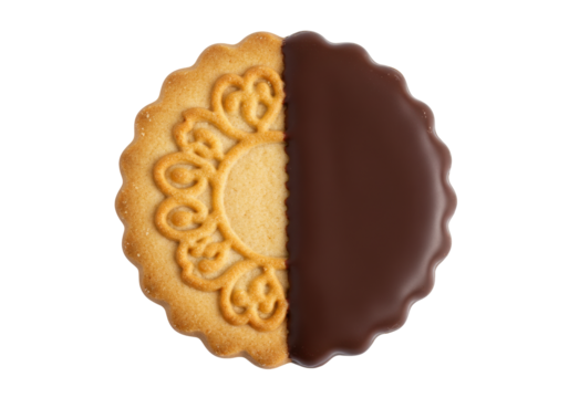 Isolated biscuit with dark chocolate coating, food photography, sweet dessert for snack time