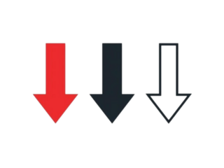 Three down arrows in red gray and black on a black background