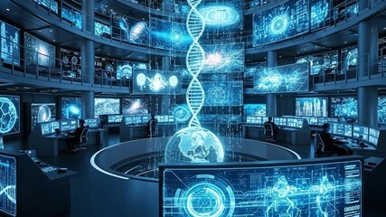 Futuristic Global Data Center with DNA Helix and Operators Monitoring Complex Systems - Powered by Adobe