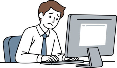 Create a kinds of deferent Simple vector illustration of a business person worried in front of a PC vector art with white background..