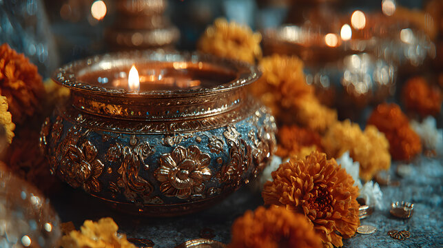 Dhanteras Festival – Golden Kalash with Coins, Diyas and Marigold Flowers on Blue Background - Powered by Adobe