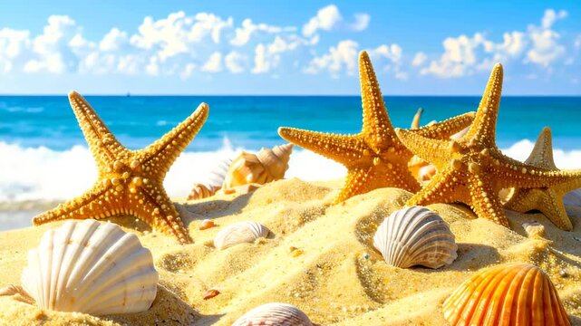 Vibrant starfish and diverse seashells nestled in warm golden sand with sparkling ocean waves and blue sky backdrop