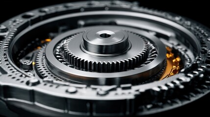 clockwork. A close-up of a complex mechanical gear mechanism with a central gear jammed. event key visuals, club posters, designed for sports event promotions and stadium branding.