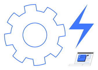 Large gear with lightning bolt above a laptop with displayed interface. Ideal for technology, innovation, automation, productivity, energy, business systems, software. Simple flat metaphor