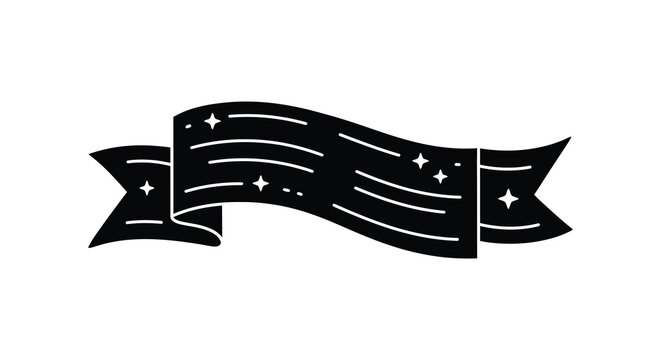 A stylized black ribbon banner with wavy edges and scattered star accents in a simple silhouette design