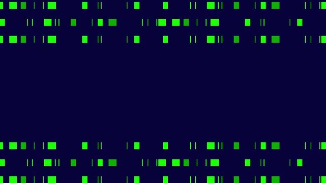 Abstract digital pattern animation of bright green geometric blocks against dark blue background