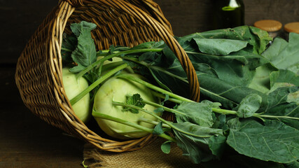 Fresh kohlrabi in a wicker basket
