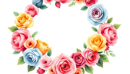 A romantic pink and red rose wreath frame with heart-shaped flowers and a delicate leaf border, perfect for a wedding or Valentine's Day greeting card design.