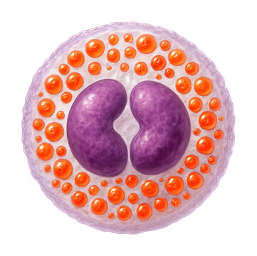 Eosinophil featuring a bilobed nucleus and orange-red granules.