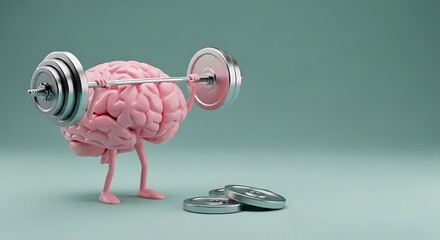 Pink human brain character lifting a heavy barbell representing mental strength and cognitive fitness training