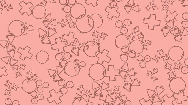 Abstract geometric pattern animation with circles crosses triangles and stars on a salmon background.