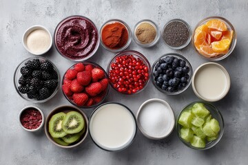 visual guide of hidden sugars in smoothie ingredients, emphasizing healthy swaps like fresh fruits and unsweetened milk, clean flat lay style