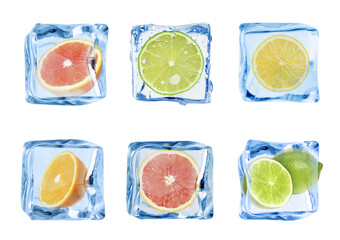 Citrus fruits in ice cubes isolated on white, set