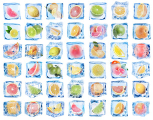 Citrus fruits in ice cubes isolated on white, set © New Africa