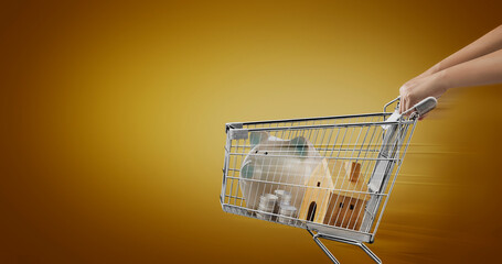 "Shopping cart with pink piggy bank, coins and wooden house. Concept of financial planning, banking, investing and business marketing."