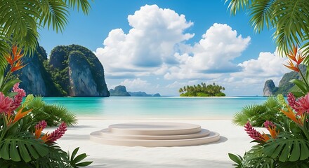 Tropical paradise infinity pool overlooking turquoise ocean and dramatic limestone karsts framed by lush foliage