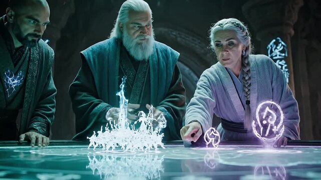 Mystical Elders Manipulating Glowing Holographic Symbols on an Ancient Interactive Table with Energy