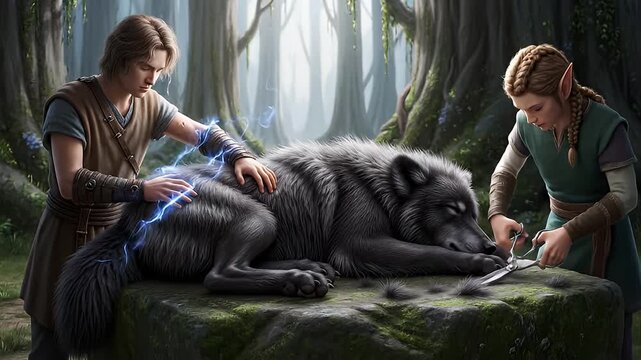 Mystical Forest Care: Elven Healer and Groomer Tend to a Magical Wolf with Blue Energy