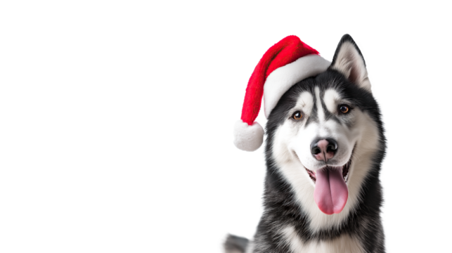 Happy husky in Santa hat, isolated on transparent background with copy space