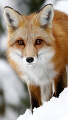 Fototapeta premium Red Fox in a Winter Wonderland Majestic Creature Exploring Deep Snowy Landscape on Cold Day