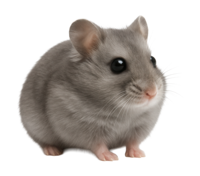 Small gray hamster with soft fur and tiny, rounded ears.